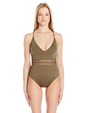 Kenneth Cole York Weave Your Own Way Solid Plunge Mio Sexy One Piece Swimsuit Olive M