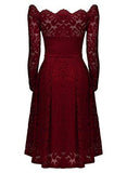Missmay Vintage Floral Lace Long Sleeve Boat Neck Cocktail Formal Swing Dress Red Xxlarge