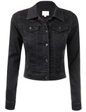 Kooldo Classic Long Sleeve Chest Flap Pocket Cropped Denim Jacket Sblack