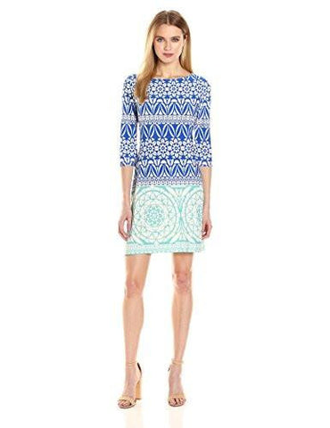 Taylor Dresses Scroll Border Print Jersey Shift Dress, Royal Aqua, 6