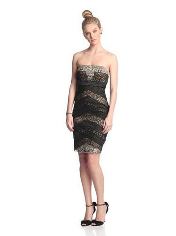 Strapless Sequined Embellished Cocktail Dress, Black Gold, 10