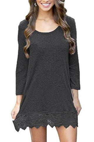 Creti Casual Long Sleeve Lace Stitching Trim T Shirt Tunic Dress, Small, Grey