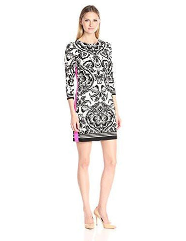 Printed Shift Dress With Solid Side Panels, Black/Ivory, 8