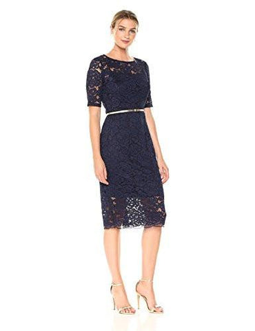 3/4 Sleeved Lace Dress With Self Belt, Navy, 14