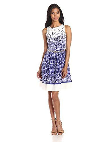 Sleeveless Polka Dot Fit And Flare Dress, Blue/White, 14