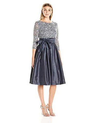 3/4 Sleeve Tie Waist Dress With Pleated Skirt, Steel, 12