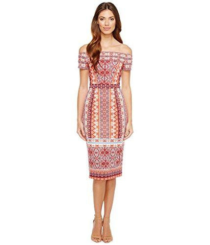 Off The Shoulder Scuba Sheath, Orange/Blue, 8