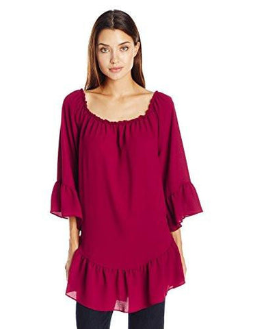 Long Ruffle Sleeve Top, Wine, L