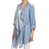 Memorose Spring Cuffed Sleeve Lapel Blue Denim Thin Coat Cardigan Jacket Xl