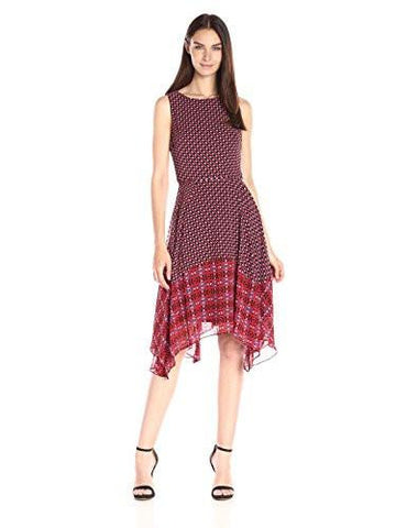 Twin Print Hankie Hem Line Chiffon Midi Dress, Red Navy, 6