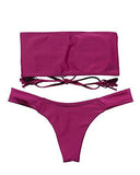 Mooskini Beach Bandeau Swimsuit Lace Up Two Piece Bikini Set Thong Bottom Bathing Suit S Red