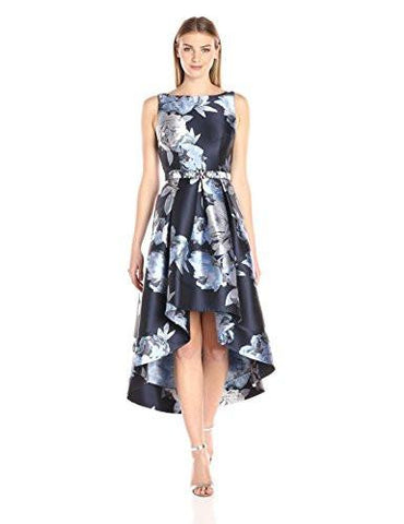 Sleeveless Floral HighLow Hem Dress, Navy/Silver, 14
