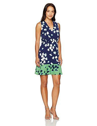 Eliza J Petite Printed Surplus Bodice Dress, Navy, 10P