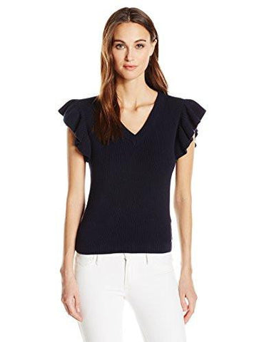 Ruffle Sleeve V Neck Top Navy Xsmall