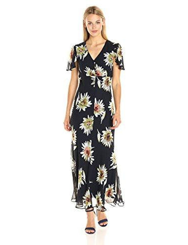 Chiffom Tossed Daisy Maxi Dress, Navy Lime, 6