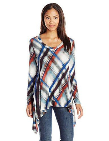Long Sleeve VNeck Handkerchief Top, Print, M