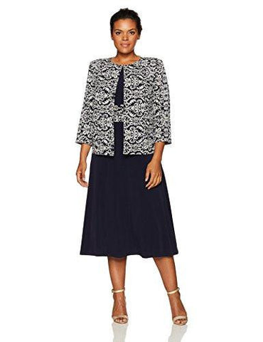Jessica Howard Plus Size Silver Swing Jacket Ruched Waist Dress, Navy/Taupe, 18W
