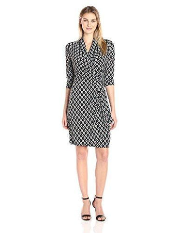 3/4 Sleeve Cascade Wrap Dress, Print, M