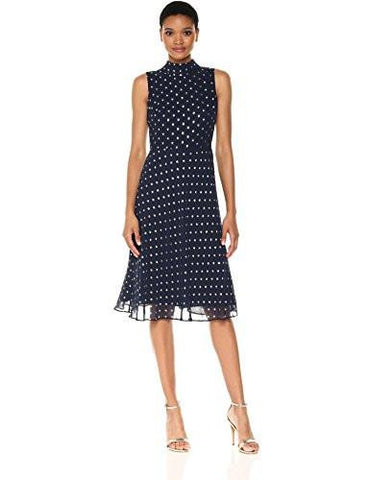Taylor Dresses Novelty Metallic Dot Chiffon Dress, Navy Gold, 6