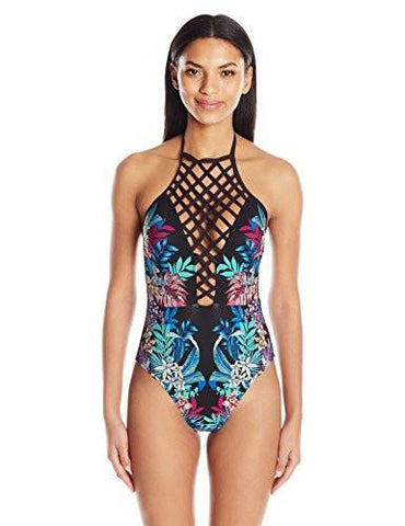 Kenneth Cole York Tropical Tendencies Lattice One Piece Swimsuit Black L