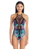 Kenneth Cole York Tropical Tendencies Lattice One Piece Swimsuit Black L