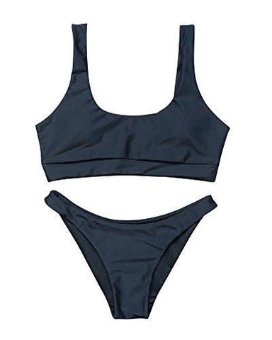 Mooskini U Neck Padded Bathing Suit Stretch Swimsuit 2Pcs Print Bikini Set S Black