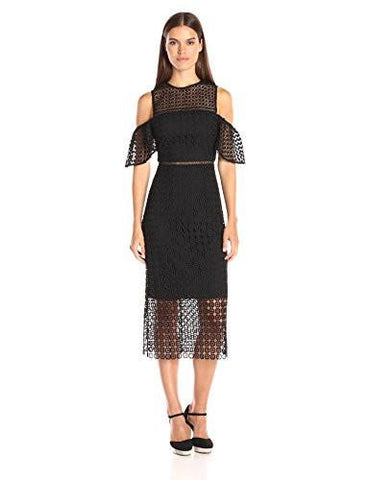 Geo Lace Cold Shoulder Midi Dress, Black, 2