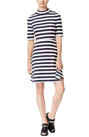 Mock Neck Striped Fit & Flare Dress Medium, Blue Notte Combo