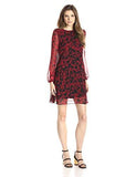 Taylor Dresses Long Sleeve Printed Shift Dress With Smoking At Shoulder, Crimson/Black, 6