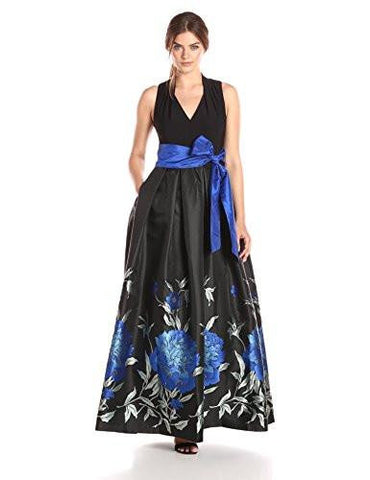 Eliza J Halter Neck Ballgown, Black/Royal, 14