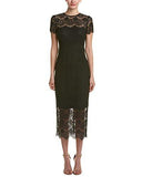Foil Printed Delicate Scallop Lace Fitted Below The Knee Dress With Sheer Yoke, Black, 2
