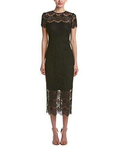 Foil Printed Delicate Scallop Lace Fitted Below The Knee Dress With Sheer Yoke, Black, 2