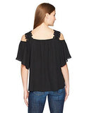 Lace Trim Cold Shoulder Top, Black, S
