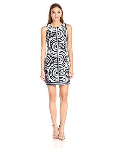 Kalediscope Print Stretch Hopsak Beaded Neck Dress, Navy Ivory, 6