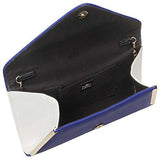 Sapphire Blue Pu Faux Leather Envelope Flap Alloy Metal Two Tone White Accented Fashion Clutch Handbag