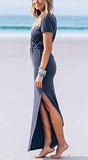 Juniors Beach Dress Sexy V Neck Slit Maxi Dress Slim Fit Party Long Dresses For Casual Blue M