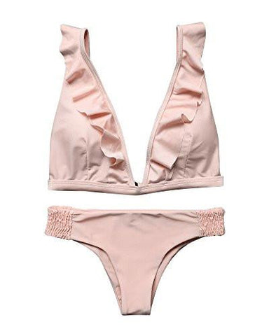 Mooskini Sexy Ruffles Bikini Set Push Up Padding Swimsuit Swimwear L Pink