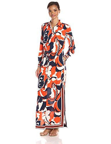 Ryler 2 Biarritz Botanical Silk Crepe De Chine Maxi Shirt Dress Coral 4