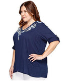 Plus Size Crossover Embroidered Top, Indigo, 0X