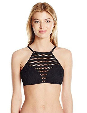 Kenneth Cole York Tough Luxe Crochet High Neck Cropped Bra Bikini Top Black L