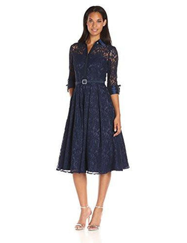 Eliza J Long Sleeve Lace Shirt Dress, Navy, 8