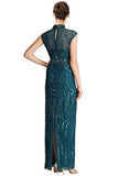 Lace Illusion Neck Embellished Column Evening Gown Dress