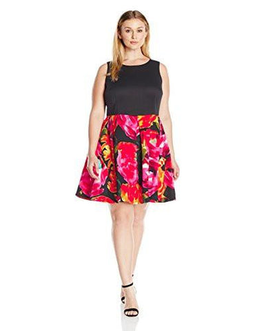 Taylor Dresses Plus Size Scuba Mixed Media Fit And Flare Dress, Black/Multi, 20W