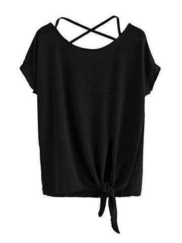 Sweatyrocks Short Sleeve Criss Cross Tie Up Casual Tshirt Blouse Tops #Black One Size