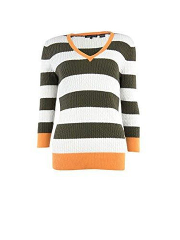 Striped V Neck Cable Knit Sweater S, Camouflage