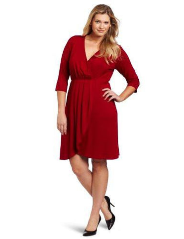 Karen Kane PlusSize Wrap Top Pleated Dress, Red, 1X