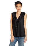 Sleeveless Vneck Top With Ruffle Collar Black S