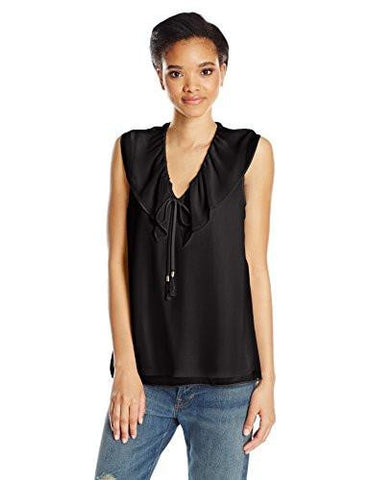 Sleeveless Vneck Top With Ruffle Collar Black S