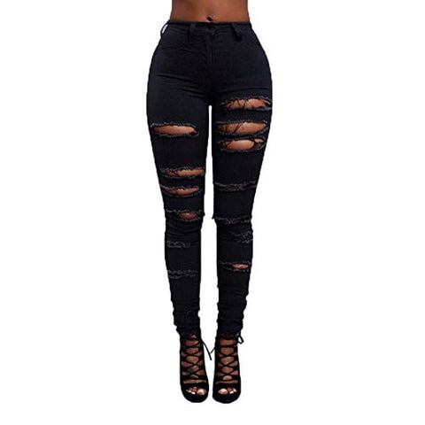 Vicvik High Waist Knee Skinny Denim Distressed Ripped Boyfriend Jeans L Black