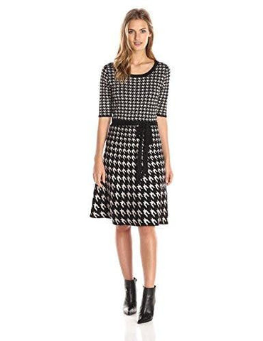 Taylor Dresses Short Sleeve Houndstooth Printed Sweater Dress With Tie, Black/Taupe, Small